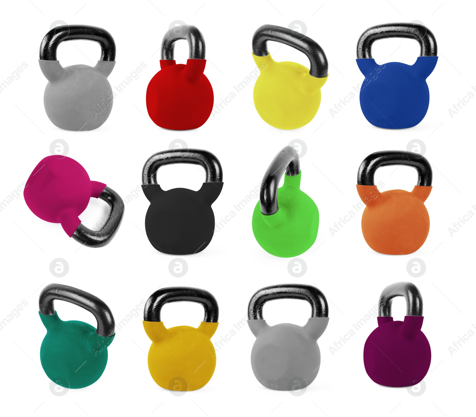 Image of Kettlebells in different colors on white background, collage