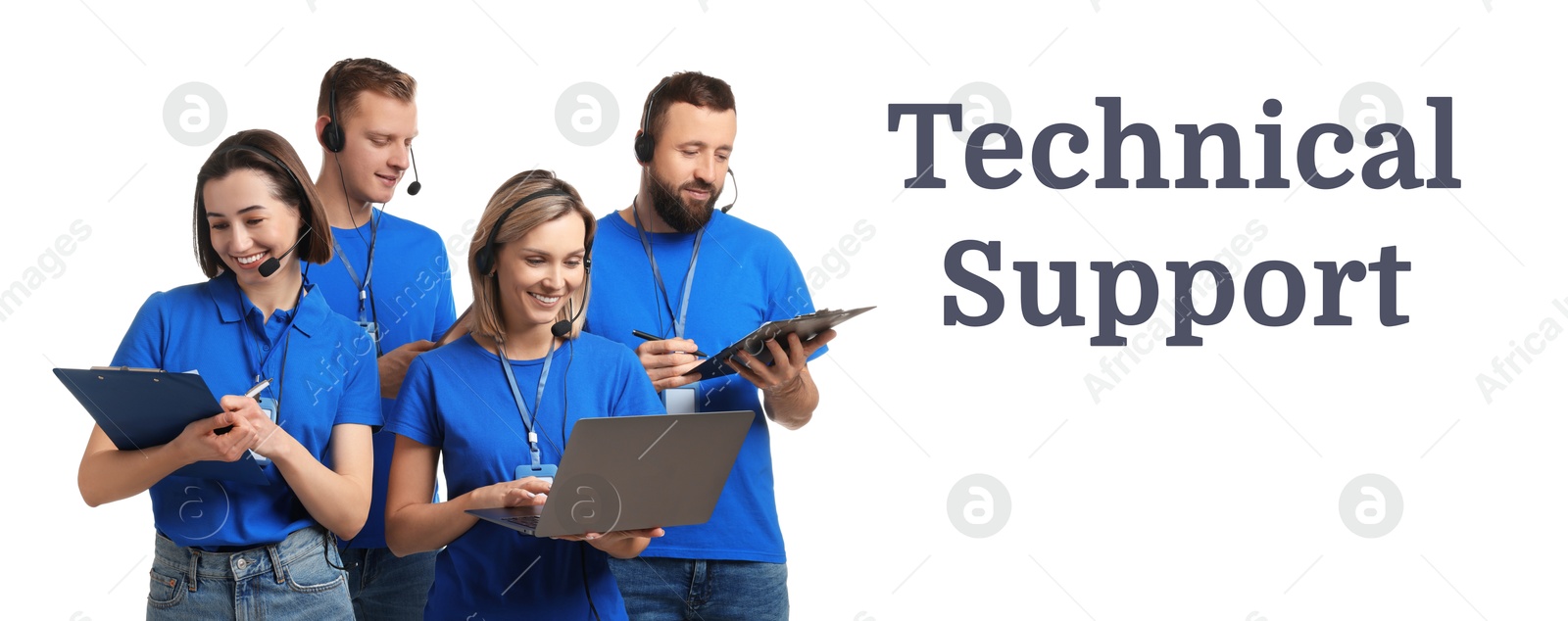 Image of Technical support. Operators with headsets on white background, banner design