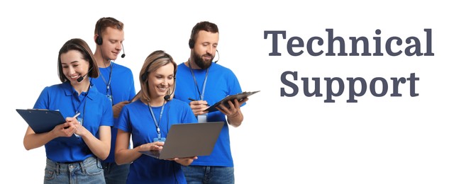 Image of Technical support. Operators with headsets on white background, banner design