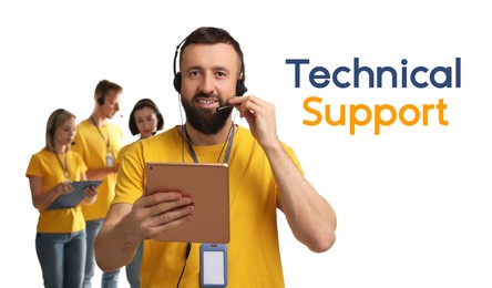 Image of Technical support. Operators on white background, banner design