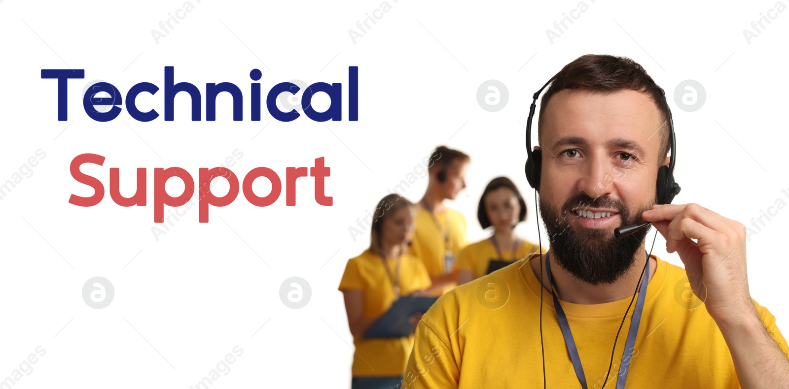 Image of Technical support. Operators on white background, banner design