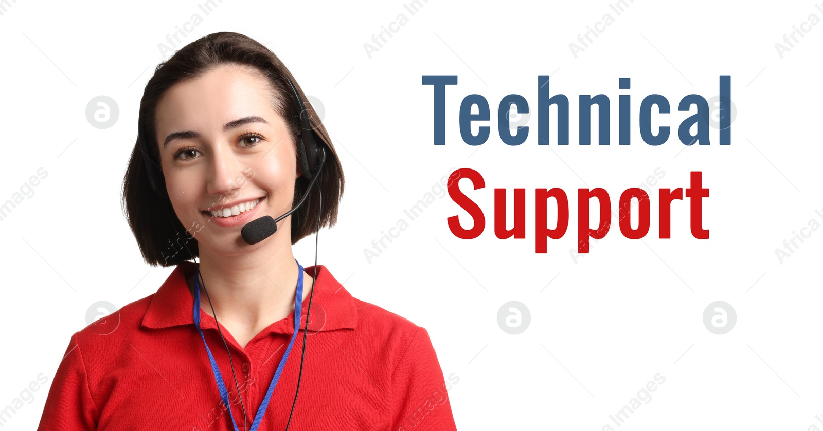 Image of Technical support. Operator with headset on white background, banner design