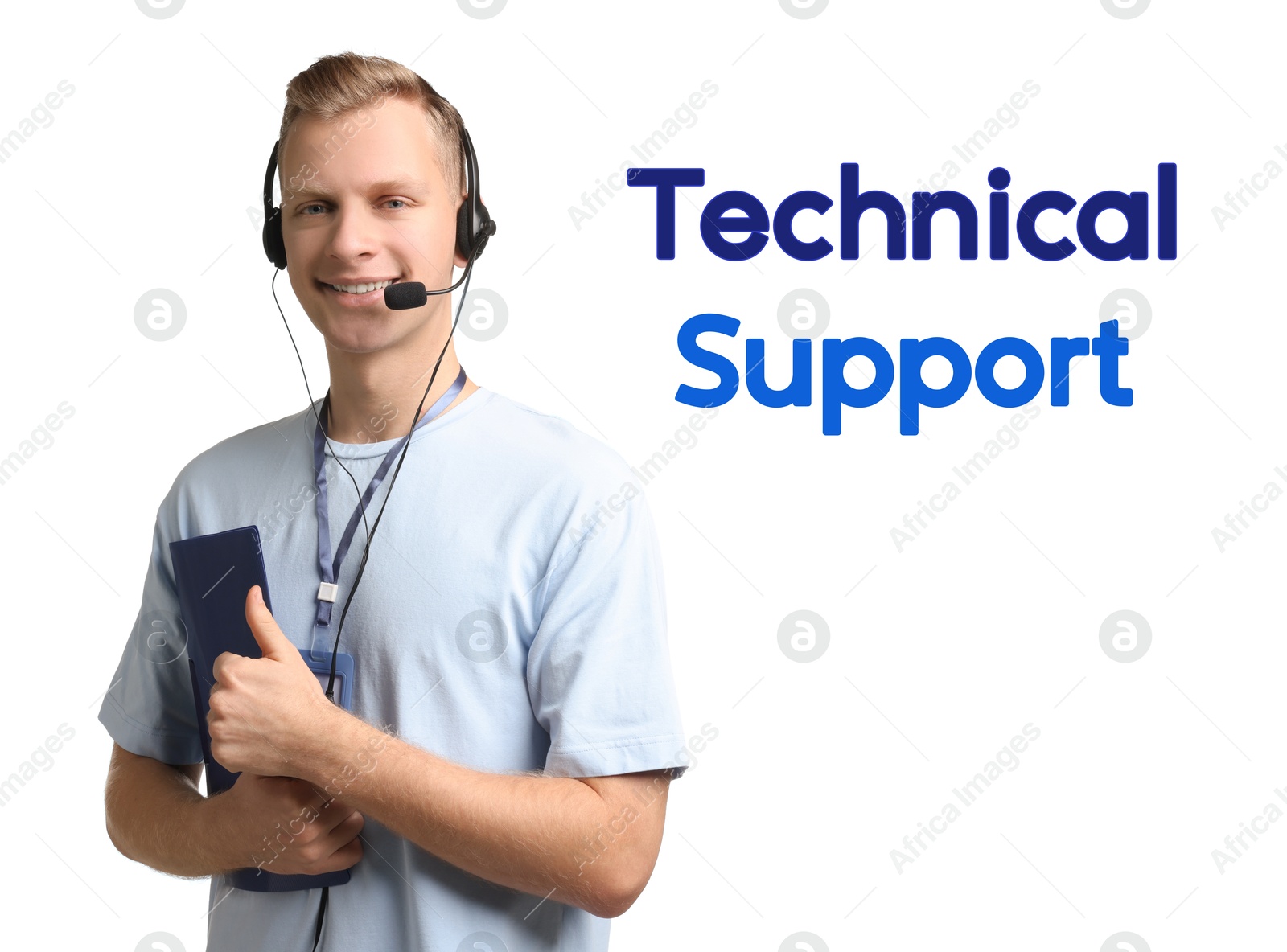 Image of Technical support. Operator with headset on white background