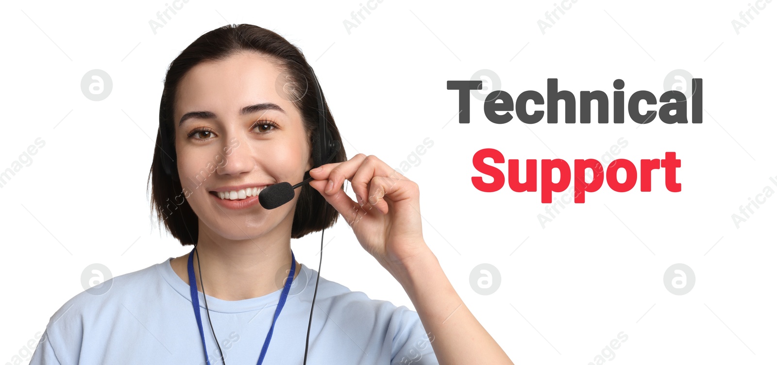 Image of Technical support. Operator with headset on white background, banner design