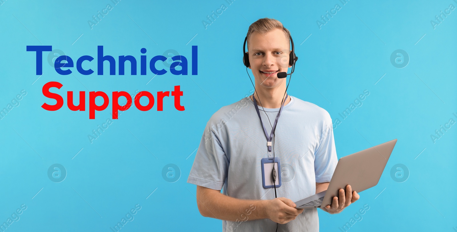 Image of Technical support. Operator with headset on light blue background, banner design