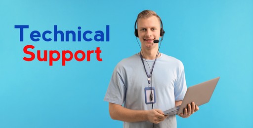 Image of Technical support. Operator with headset on light blue background, banner design