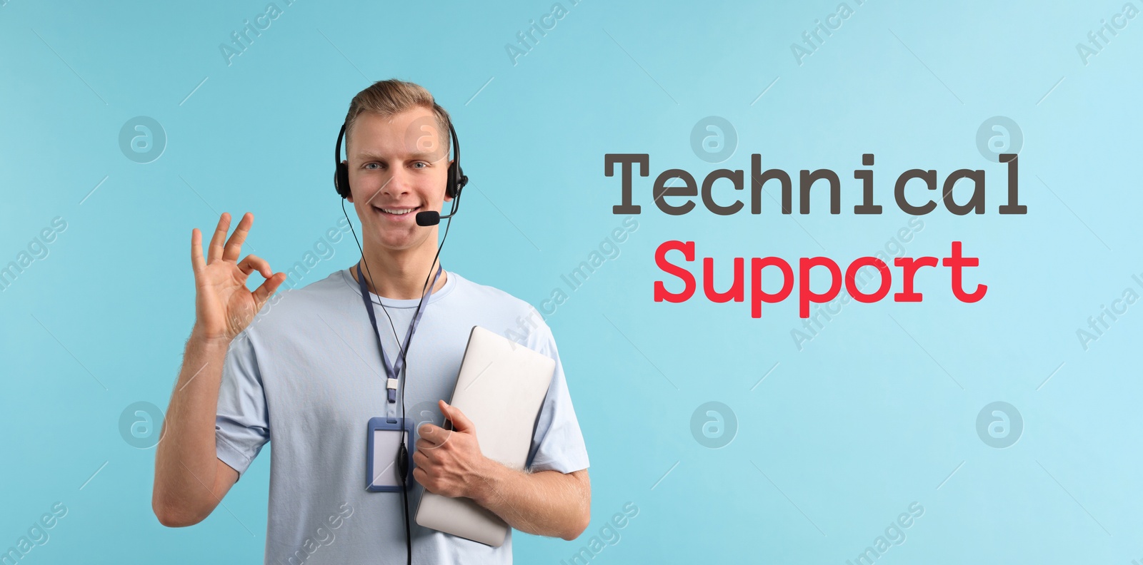 Image of Technical support. Operator with headset on light blue background, banner design