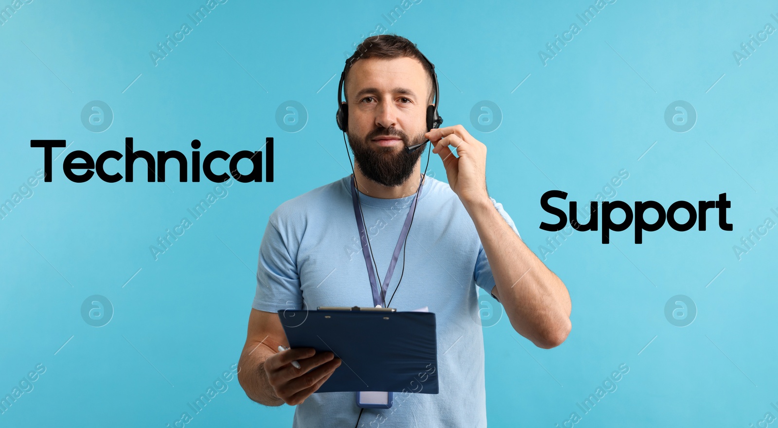 Image of Technical support. Operator with headset on light blue background, banner design