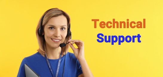 Image of Technical support. Operator with headset on yellow background, banner design