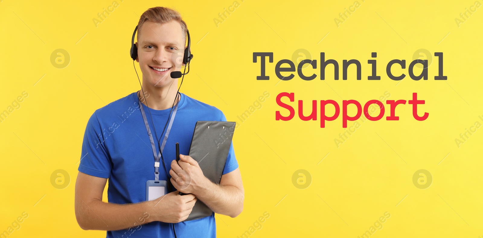 Image of Technical support. Operator with headset on yellow background, banner design