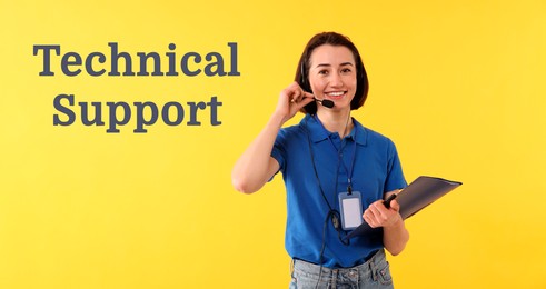 Image of Technical support. Operator with headset on yellow background, banner design