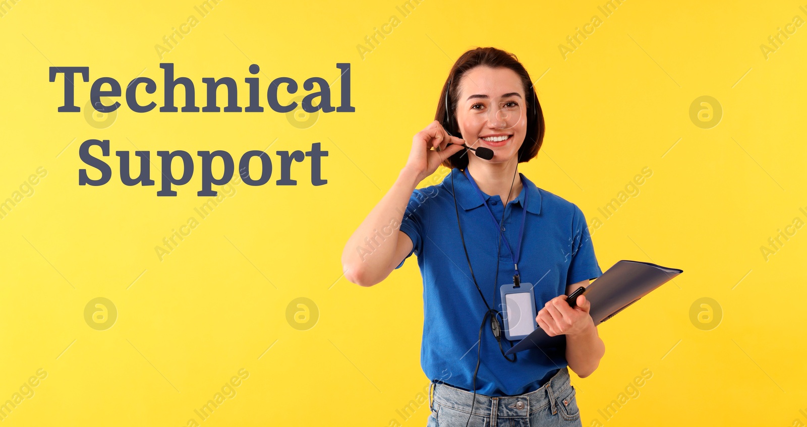 Image of Technical support. Operator with headset on yellow background, banner design