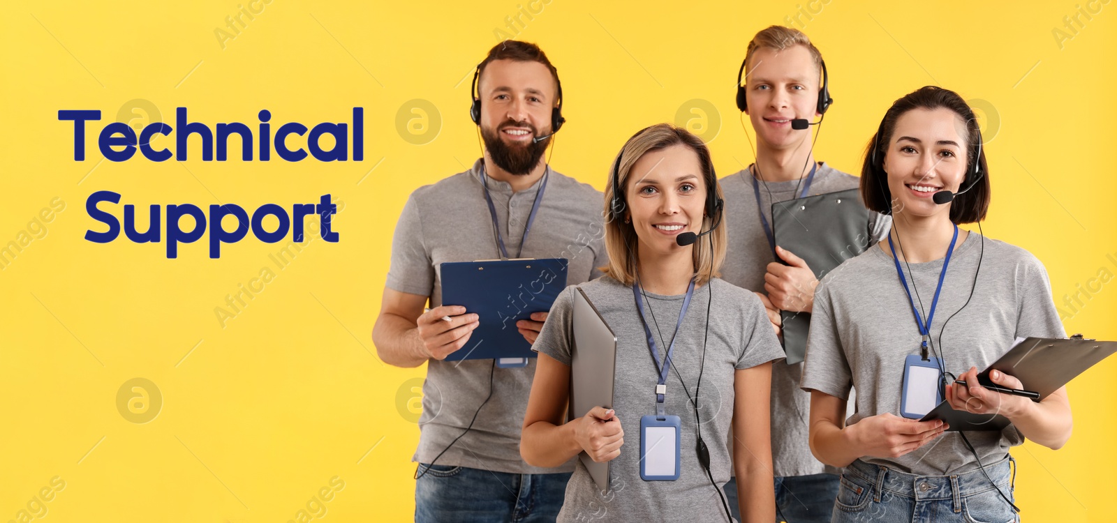 Image of Technical support. Operators with headsets on yellow background, banner design