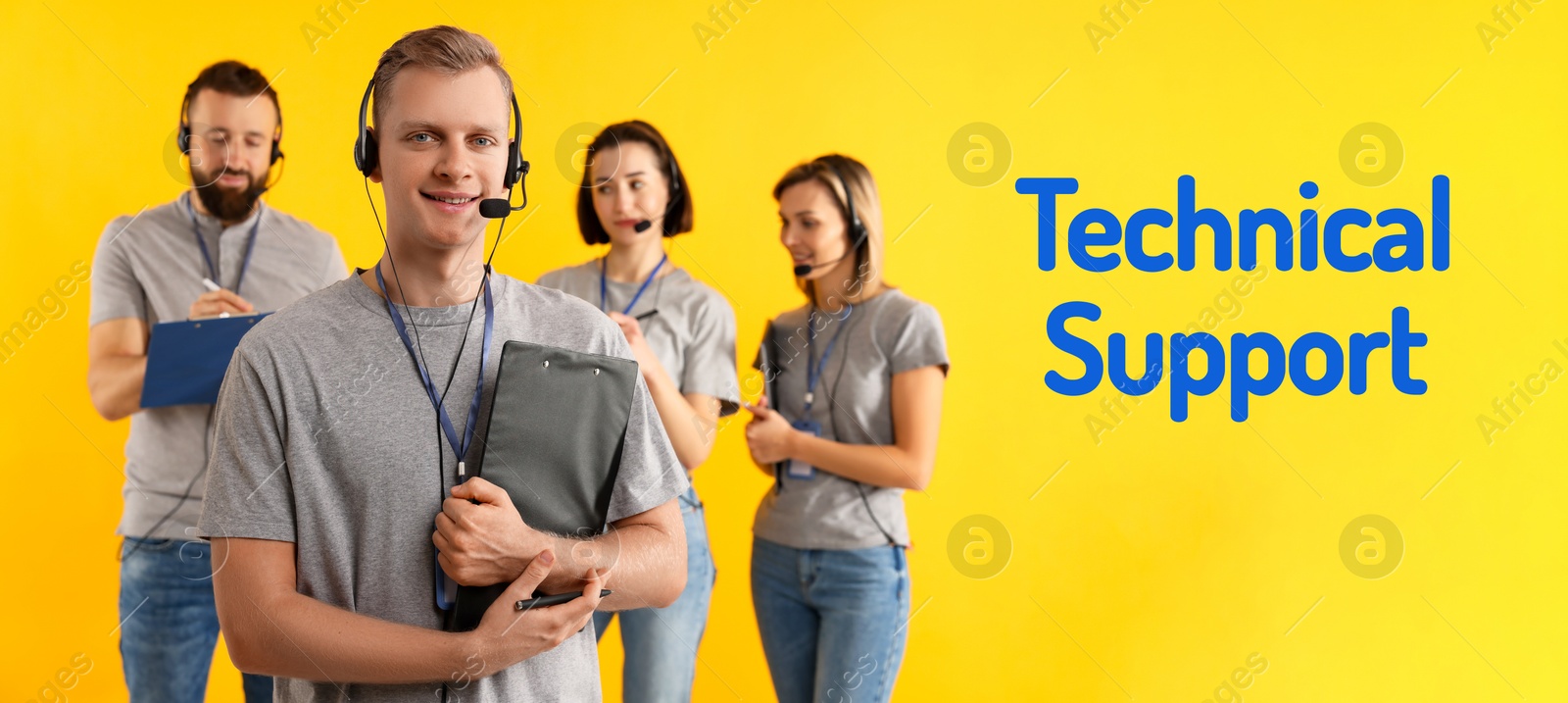 Image of Technical support. Operators with headsets on yellow background, banner design