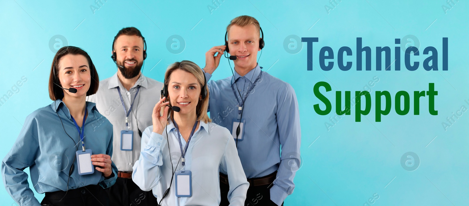 Image of Technical support. Operators with headsets on light blue background, banner design