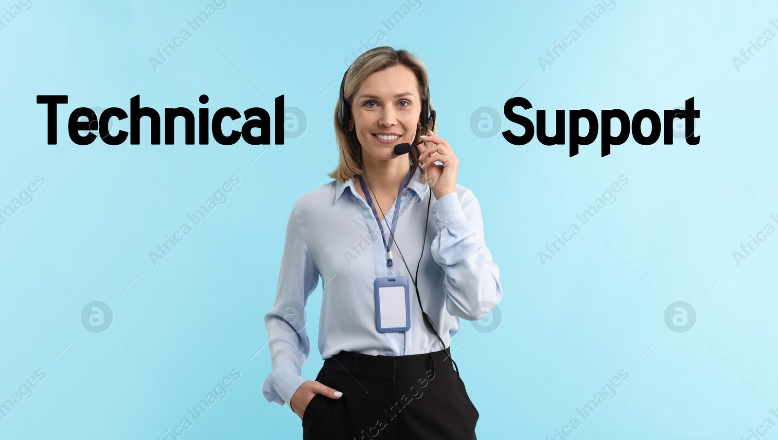 Image of Technical support. Operator with headset on light blue background, banner design