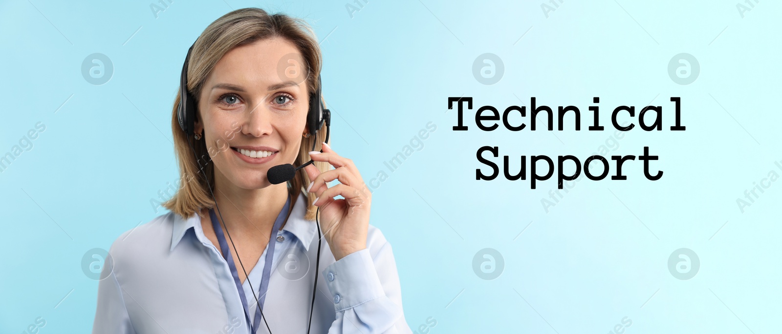 Image of Technical support. Operator with headset on light blue background, banner design