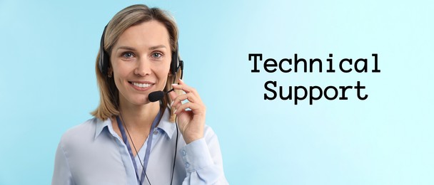 Image of Technical support. Operator with headset on light blue background, banner design