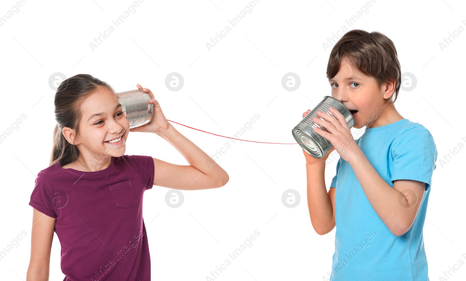 Image of Girl and boy using tin can telephone on white background. Banner design