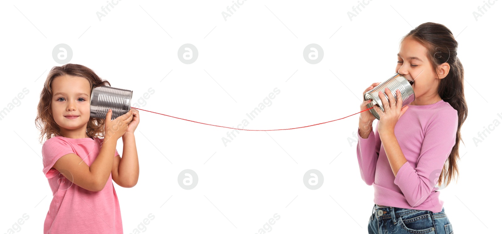 Image of Girls using tin can telephone on white background. Banner design