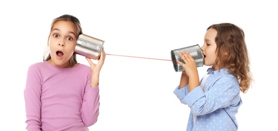 Image of Girls using tin can telephone on white background. Banner design