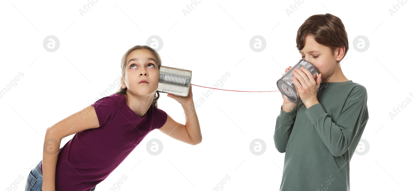 Image of Girl and boy using tin can telephone on white background. Banner design