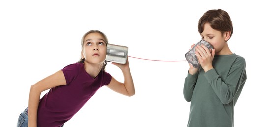 Image of Girl and boy using tin can telephone on white background. Banner design