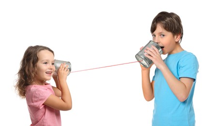 Image of Girl and boy using tin can telephone on white background. Banner design