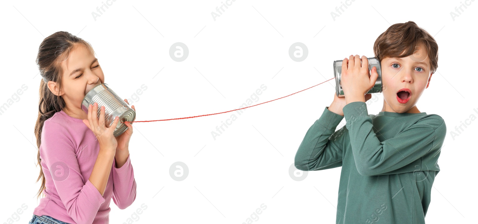 Image of Girl and boy using tin can telephone on white background. Banner design