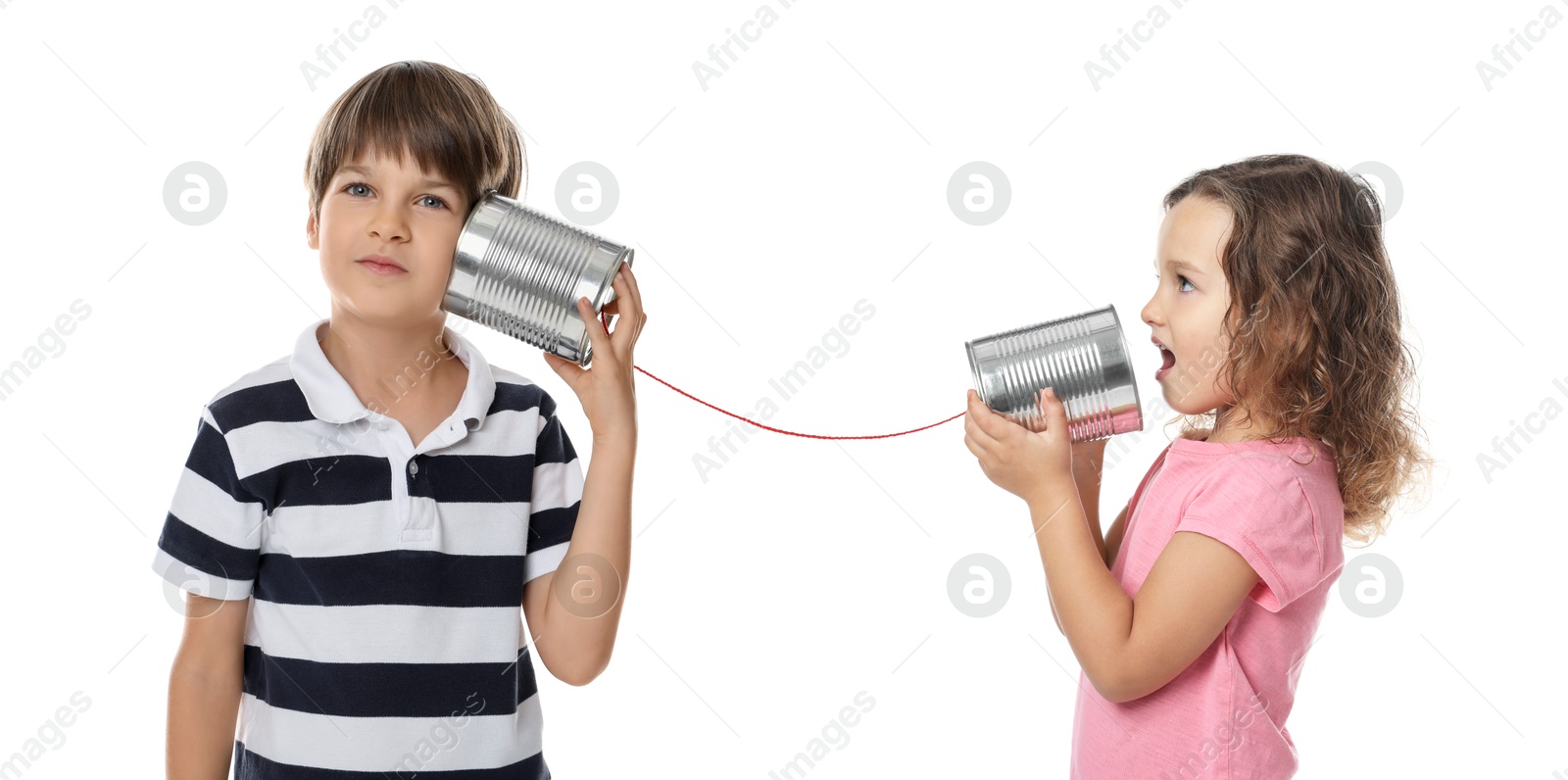 Image of Girl and boy using tin can telephone on white background. Banner design