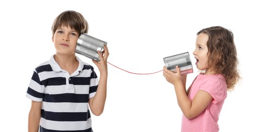 Image of Girl and boy using tin can telephone on white background. Banner design