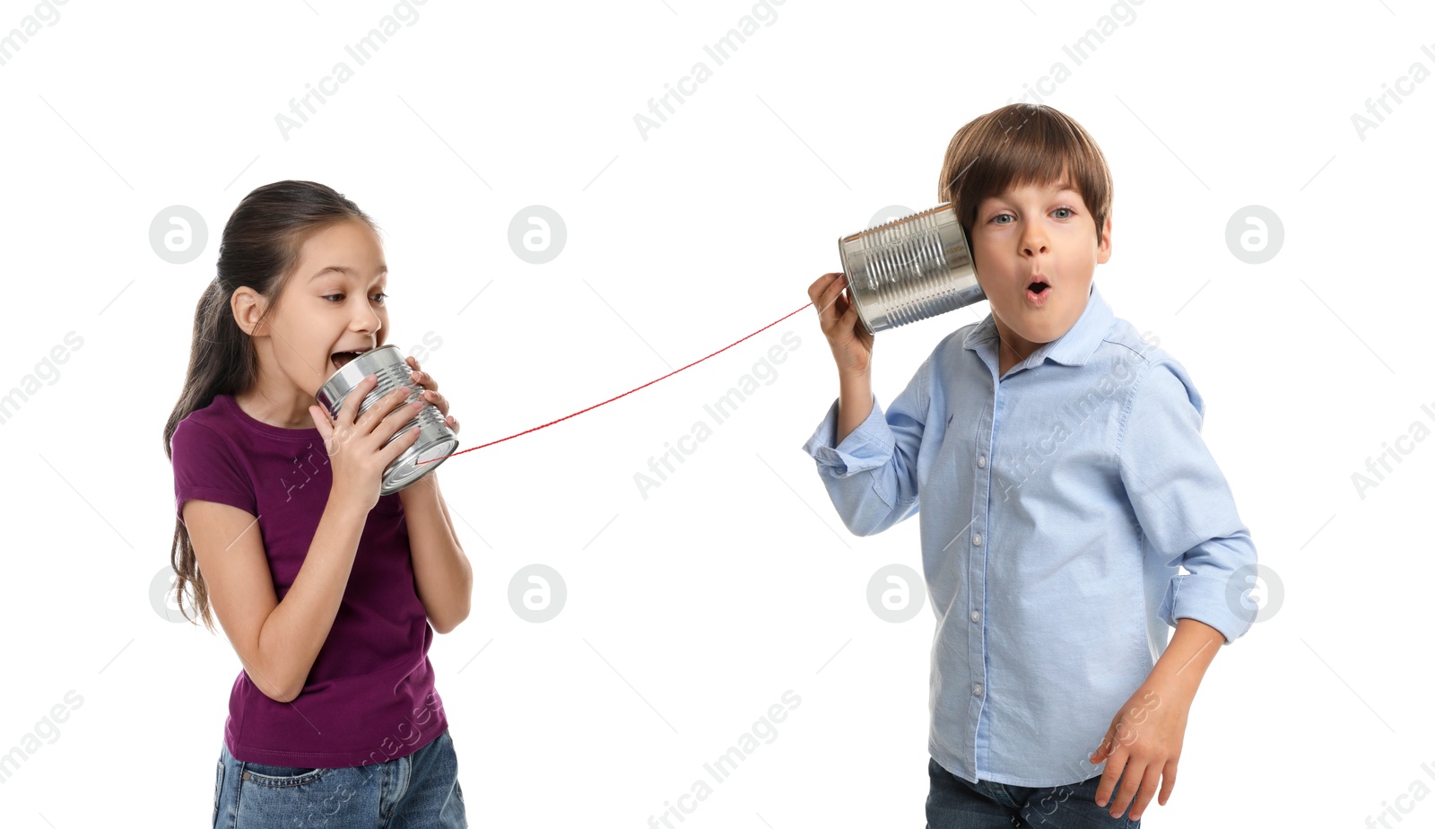 Image of Girl and boy using tin can telephone on white background. Banner design