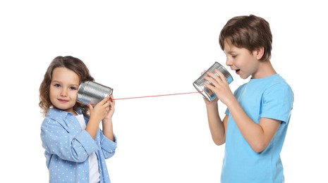 Image of Girl and boy using tin can telephone on white background. Banner design