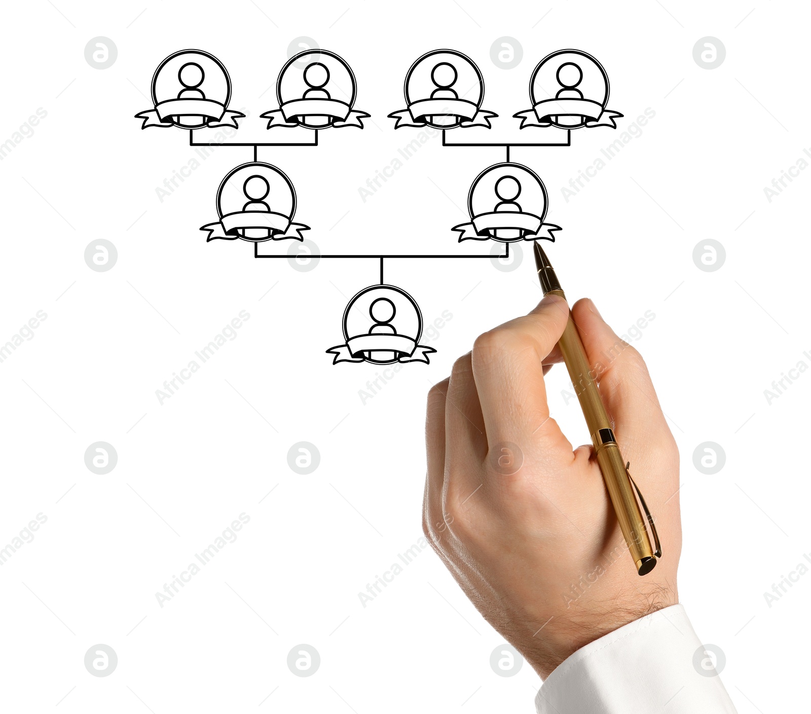 Image of Man drawing family tree on white background. Scheme with human figures