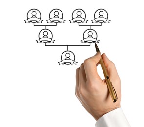 Image of Man drawing family tree on white background. Scheme with human figures