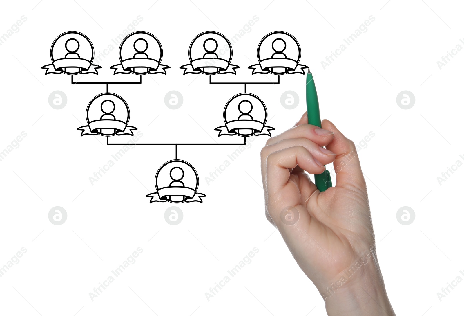 Image of Woman drawing family tree on virtual screen against white background. Scheme with human figures