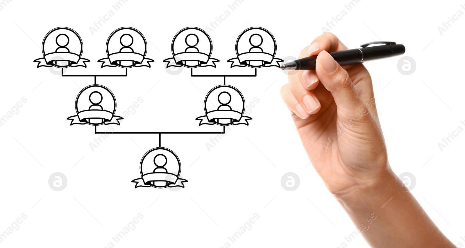 Image of Woman drawing family tree on virtual screen against white background. Scheme with human figures