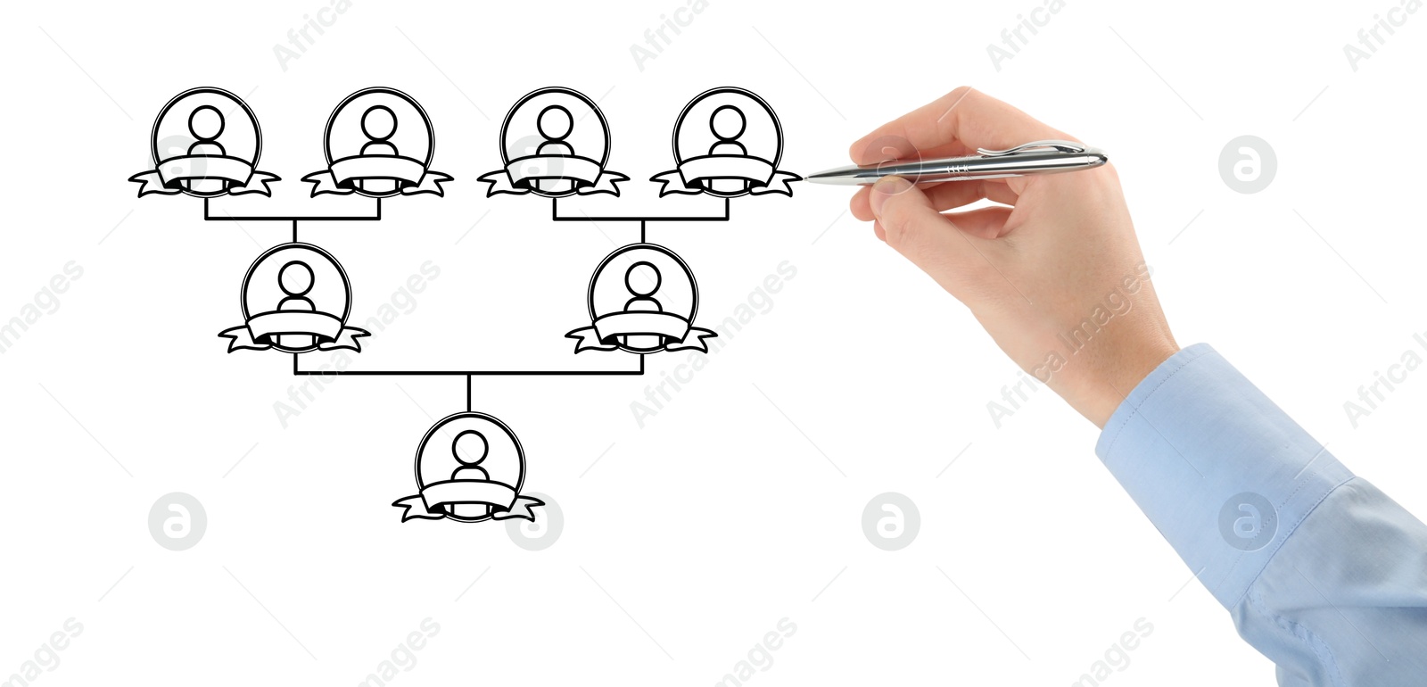 Image of Man drawing family tree on white background. Scheme with human figures