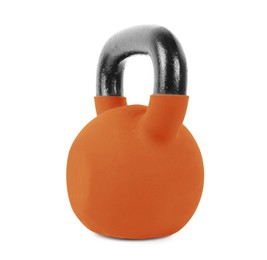 Image of One orange kettlebell isolated on white. Workout equipment