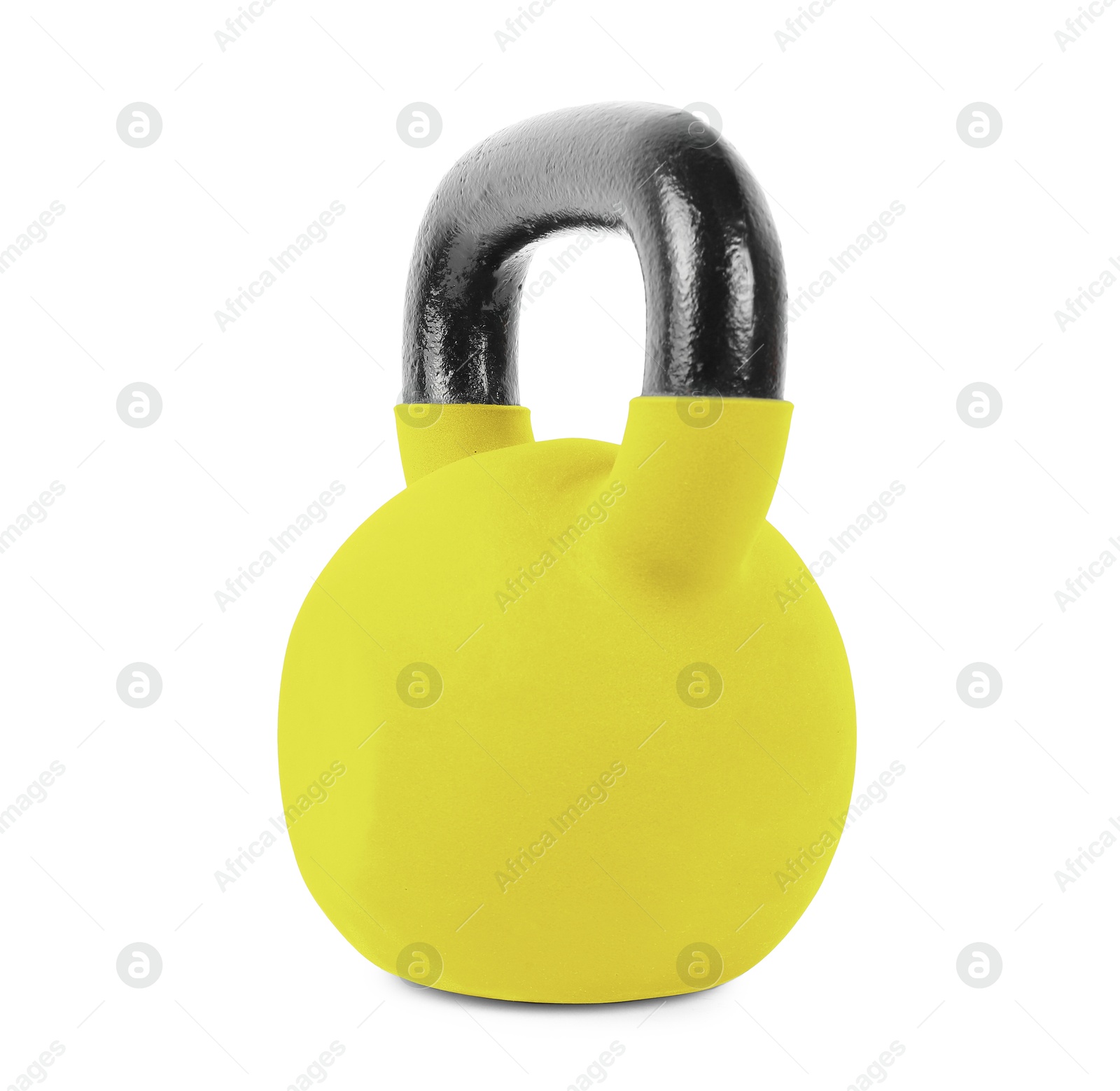 Image of One yellow kettlebell isolated on white. Workout equipment