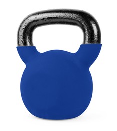 Image of One blue kettlebell isolated on white. Workout equipment