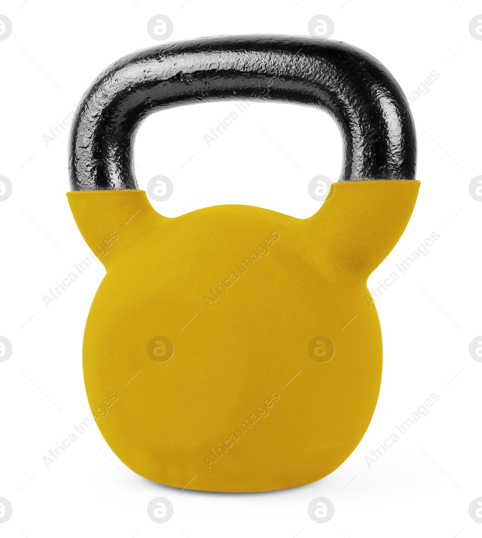 Image of One golden kettlebell isolated on white. Workout equipment