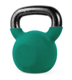 Image of One teal kettlebell isolated on white. Workout equipment