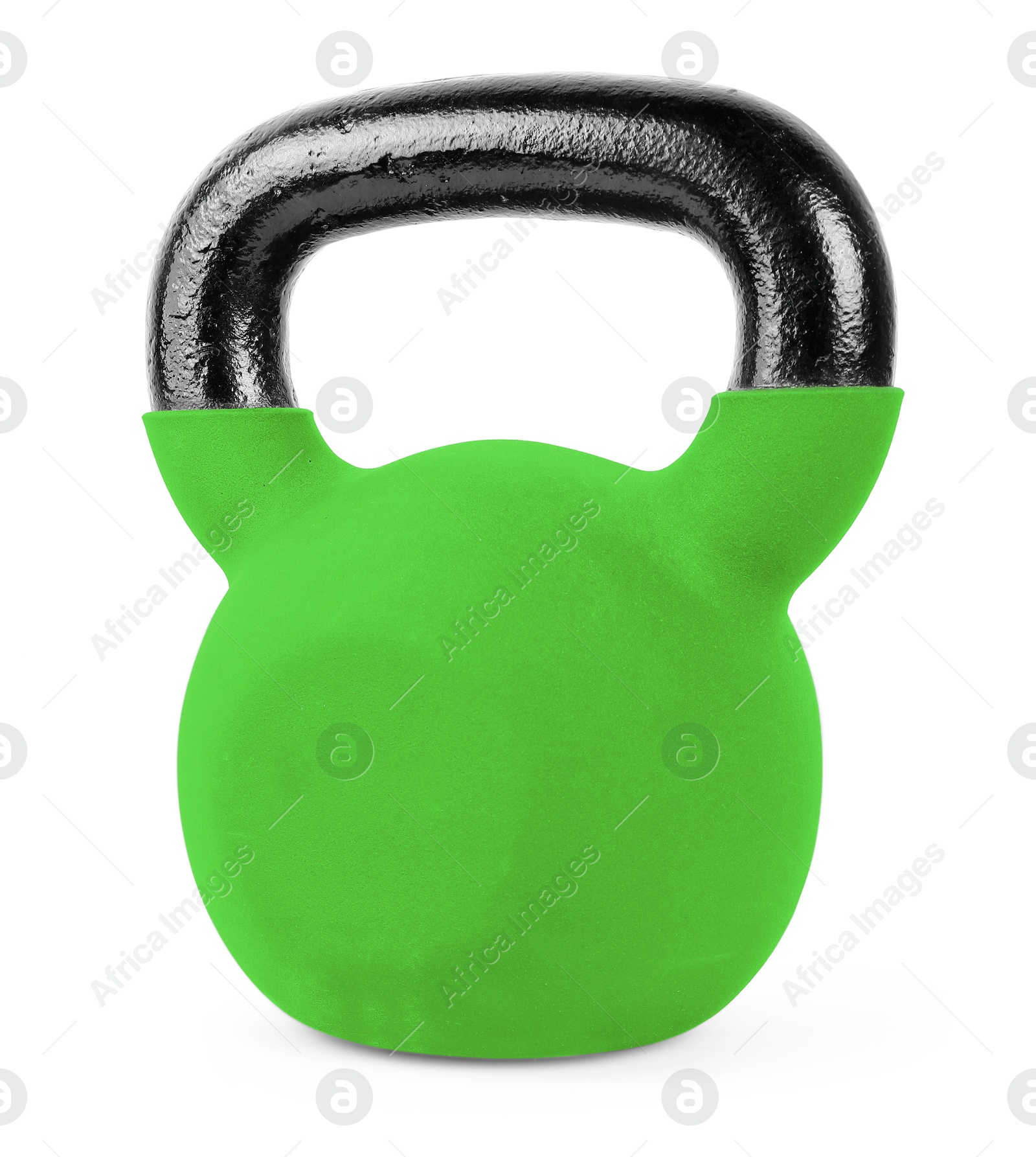 Image of One light green kettlebell isolated on white. Workout equipment