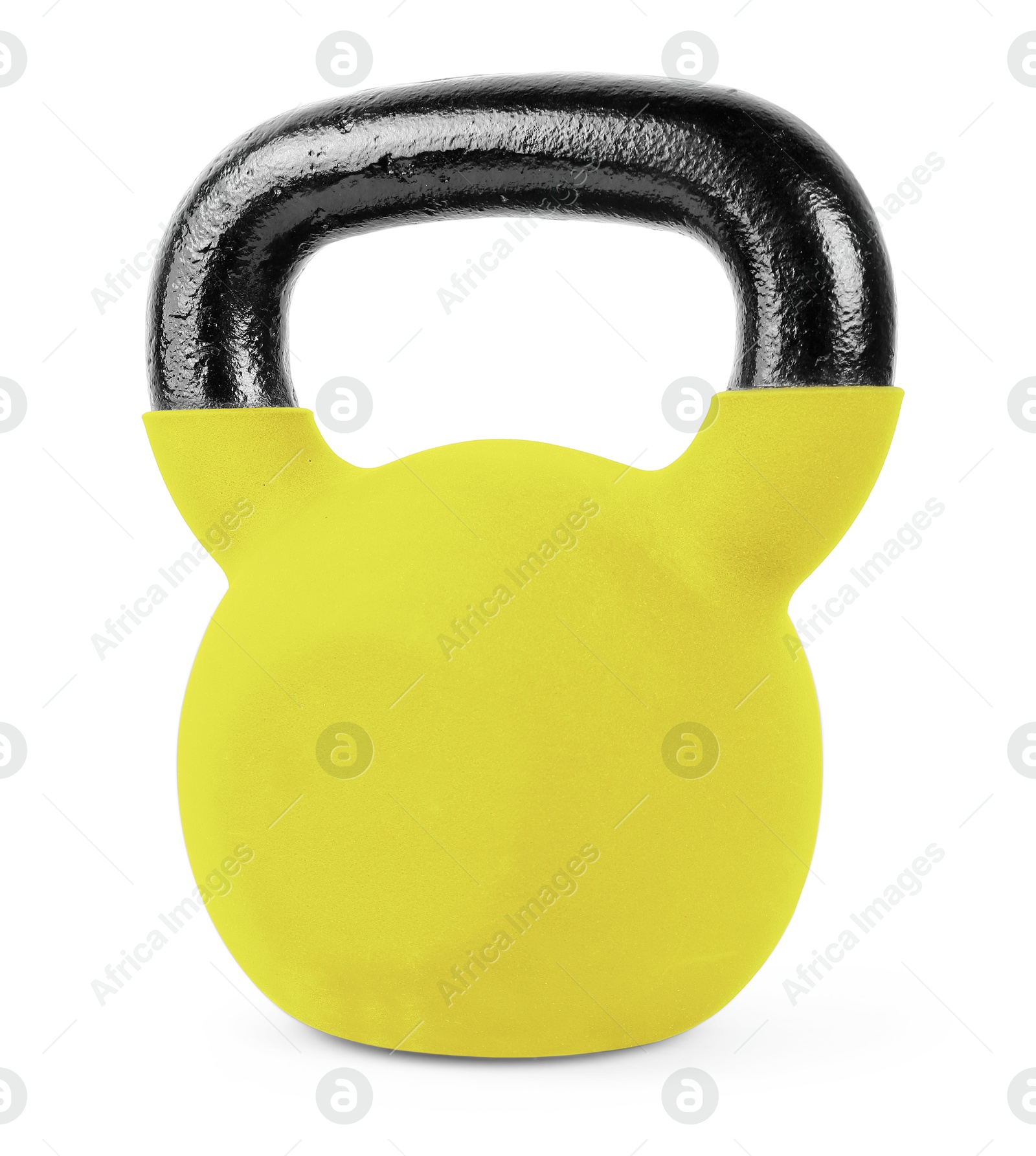 Image of One yellow kettlebell isolated on white. Workout equipment