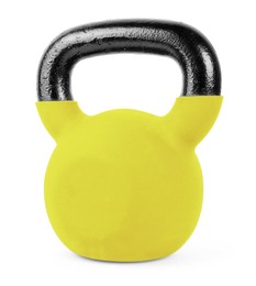 Image of One yellow kettlebell isolated on white. Workout equipment