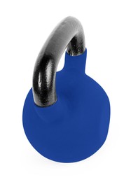 Image of One blue kettlebell isolated on white. Workout equipment