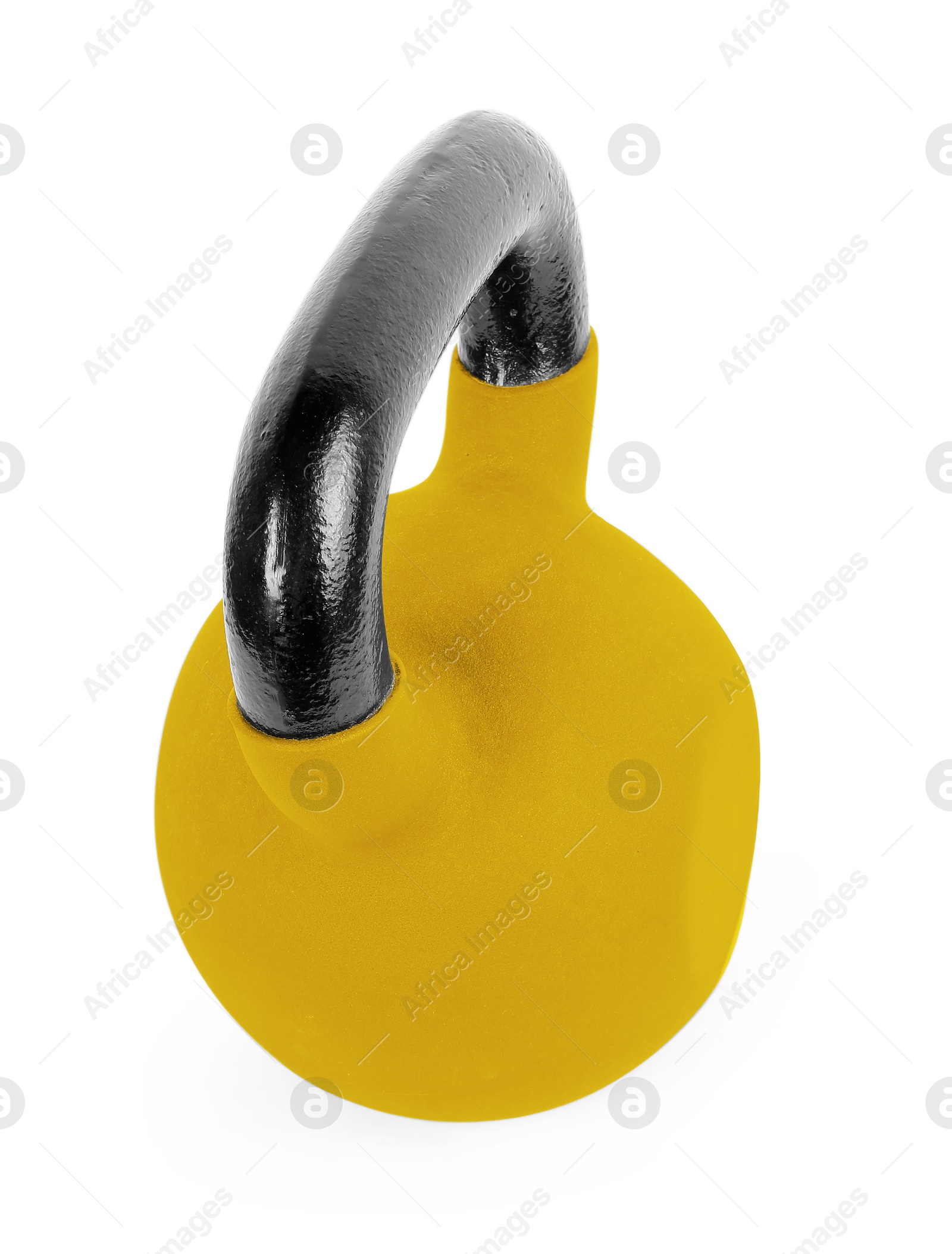 Image of One golden kettlebell isolated on white. Workout equipment