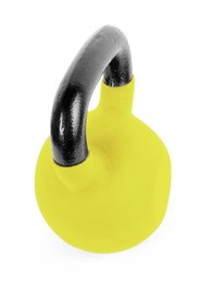 Image of One yellow kettlebell isolated on white. Workout equipment