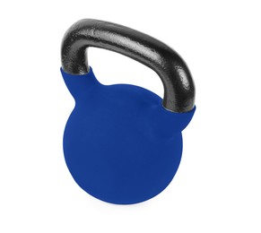 Image of One blue kettlebell isolated on white. Workout equipment